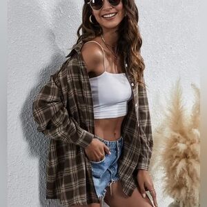 Fall Trendy Flannel Long-sleeve Shirt in Brown & Beige Tones